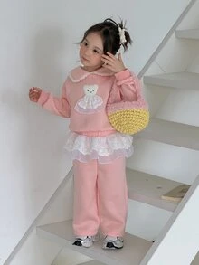 DAZY Setelan Sweatshirt 2 Potong Gaya Korea Kerah Peter Pan untuk Bayi Perempuan, Warna Polos, Kasual Musim Gugur/Dingin - Baby Pink - View 6