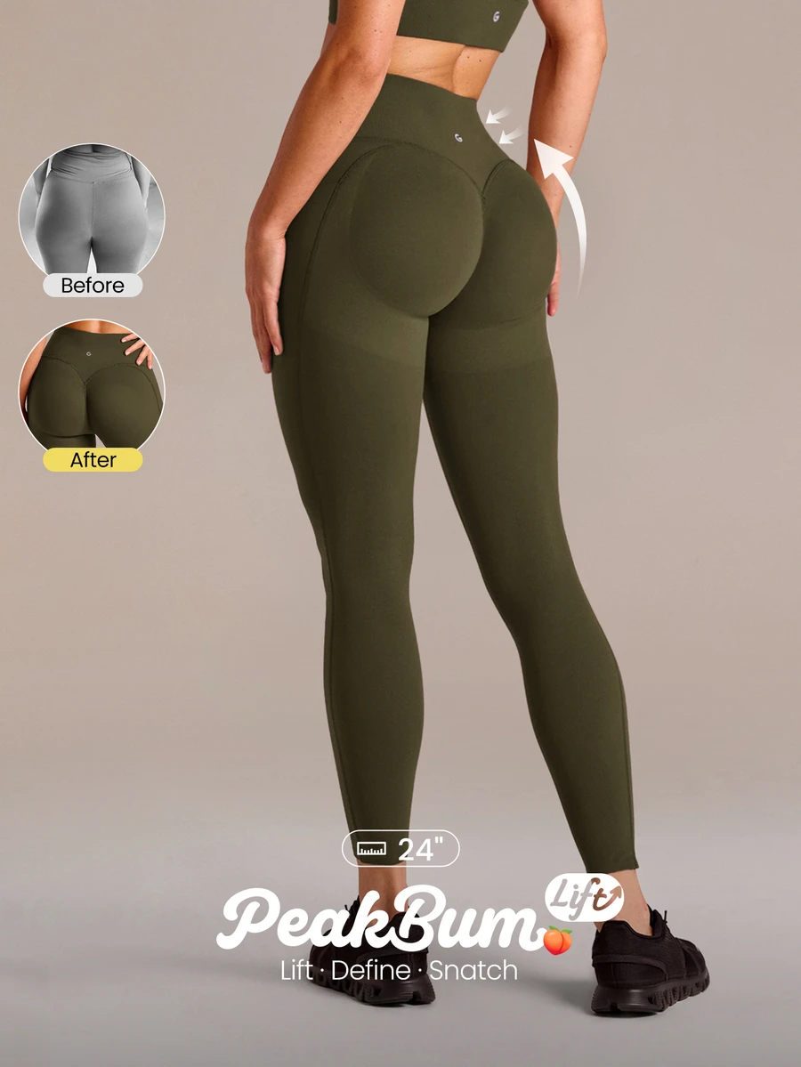 GLOWMODE 24" Peakbum-Lift FeatherFit™-Sculpt 提臀收腹側口袋運動緊身褲,中強度訓練跑步健身房健身運動服 - 軍綠色 - 查看 1