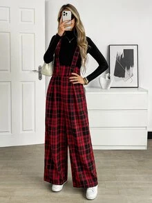 Elyressa Women's Autumn Plaid Wide Leg Loose Casual Overalls - Red - View 1