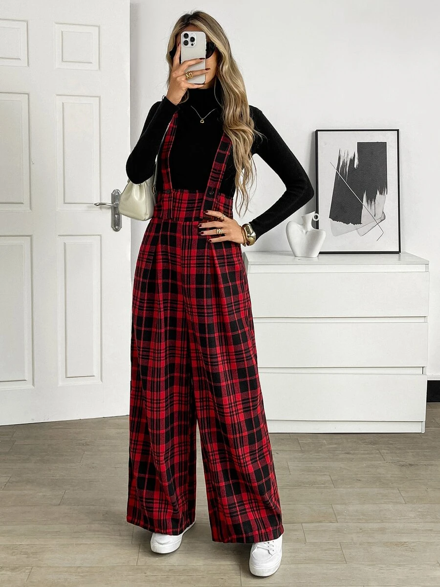 Elyressa Women's Autumn Plaid Wide Leg Loose Casual Overalls - Red - View 1