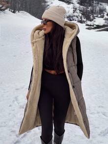 SHEIN Clasi Plaid Print Padded Hooded Vest Jacket, Autumn/Winter Vest Coat - Mocha Brown - View 5