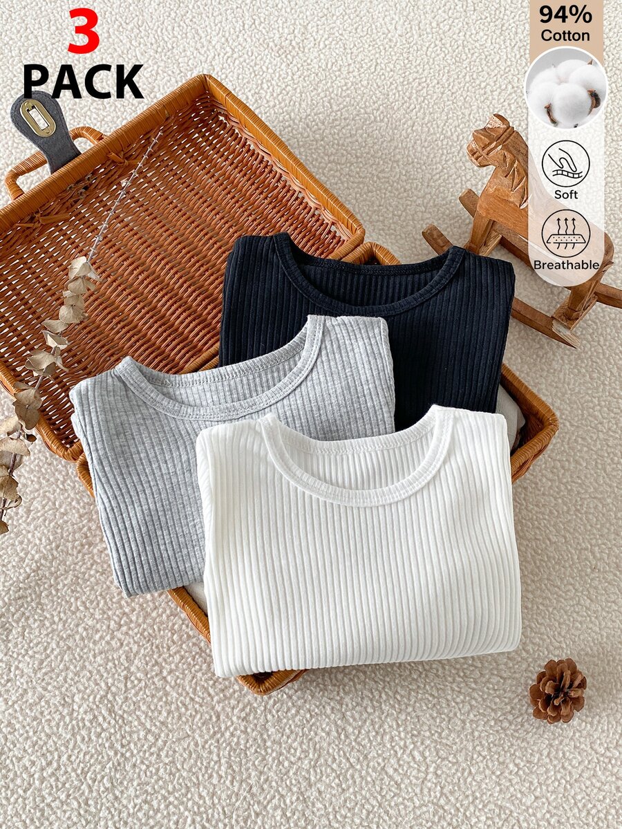 SHEIN Set 3 áo thun tay dài cổ tròn cho bé sơ sinh và chập chững, họa tiết gân đơn giản, nhiều màu tông cơ bản, mặc hàng ngày mùa xuân thu