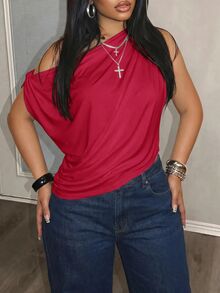 Slaydiva Slightly V-Neck Batwing Sleeve Sleeveless Shoulder-Slit Lo - Red - View 3