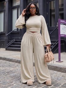 Slaydiva Beige 2 Pieces Set Plus Size Wide Leg Pants Outfit With Draped Batwing Sleeve Top And Criss-Cross Waist Design Wide Leg Long Pants Fall - Apricot - View 2