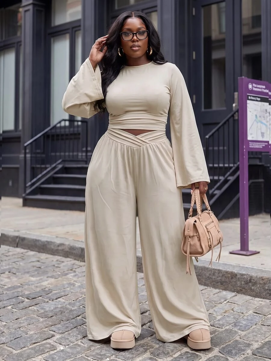 Slaydiva Beige 2 Pieces Set Plus Size Wide Leg Pants Outfit With Draped Batwing Sleeve Top And Criss-Cross Waist Design Wide Leg Long Pants Fall