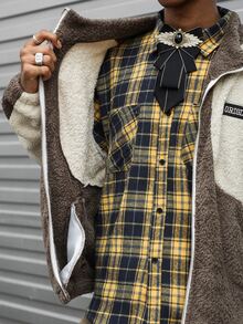 Major Grit 男士休閒街頭風復古拼接紮染萬聖節長袖毛絨外套 - 卡其色 - 查看 6