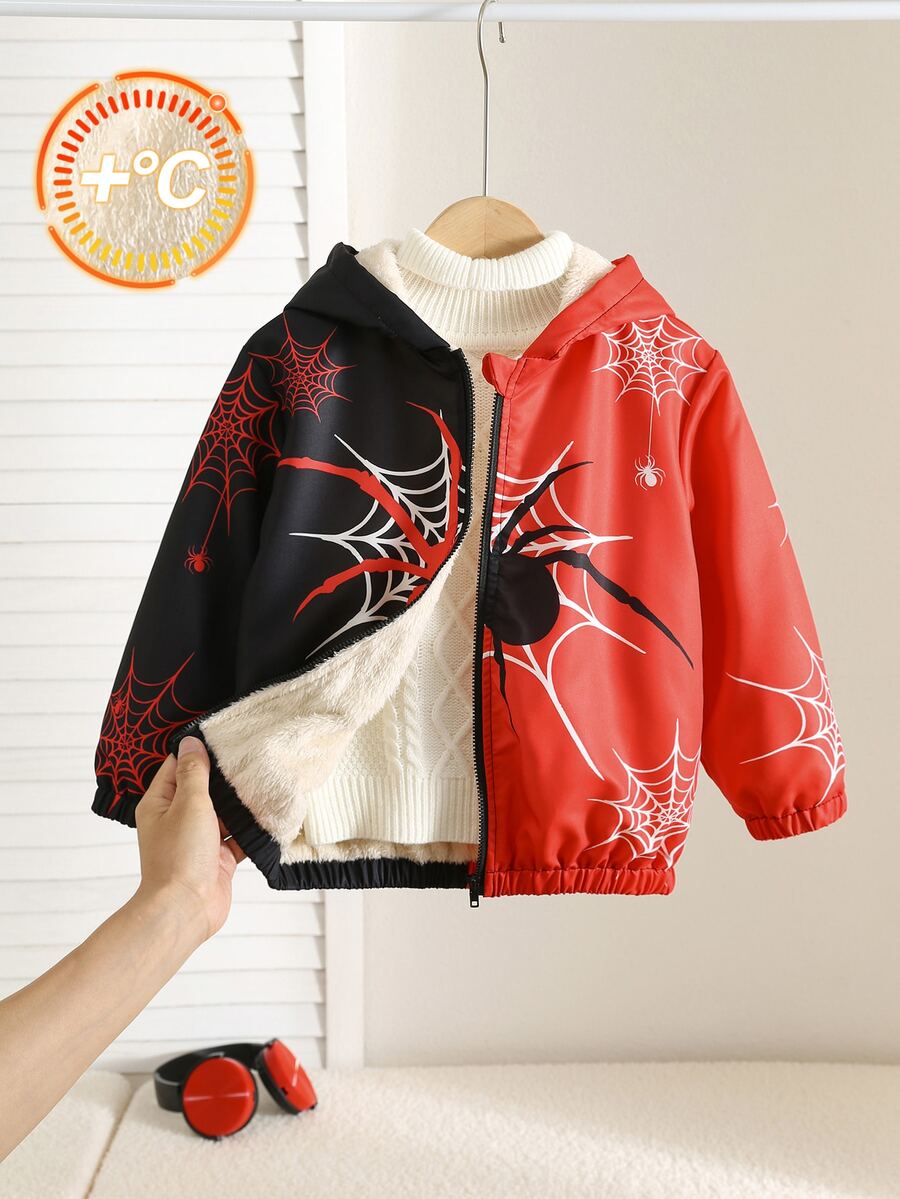 SHEIN Young Boy Casual Street Style Spider Web Spider Print Hooded Open Front Long Sleeve Jacket, Red And Black, Suitable For Commuting, School, Outings, Sports, Spring, Summer, Autumn, Winter, Halloween - Multicolor - View 1