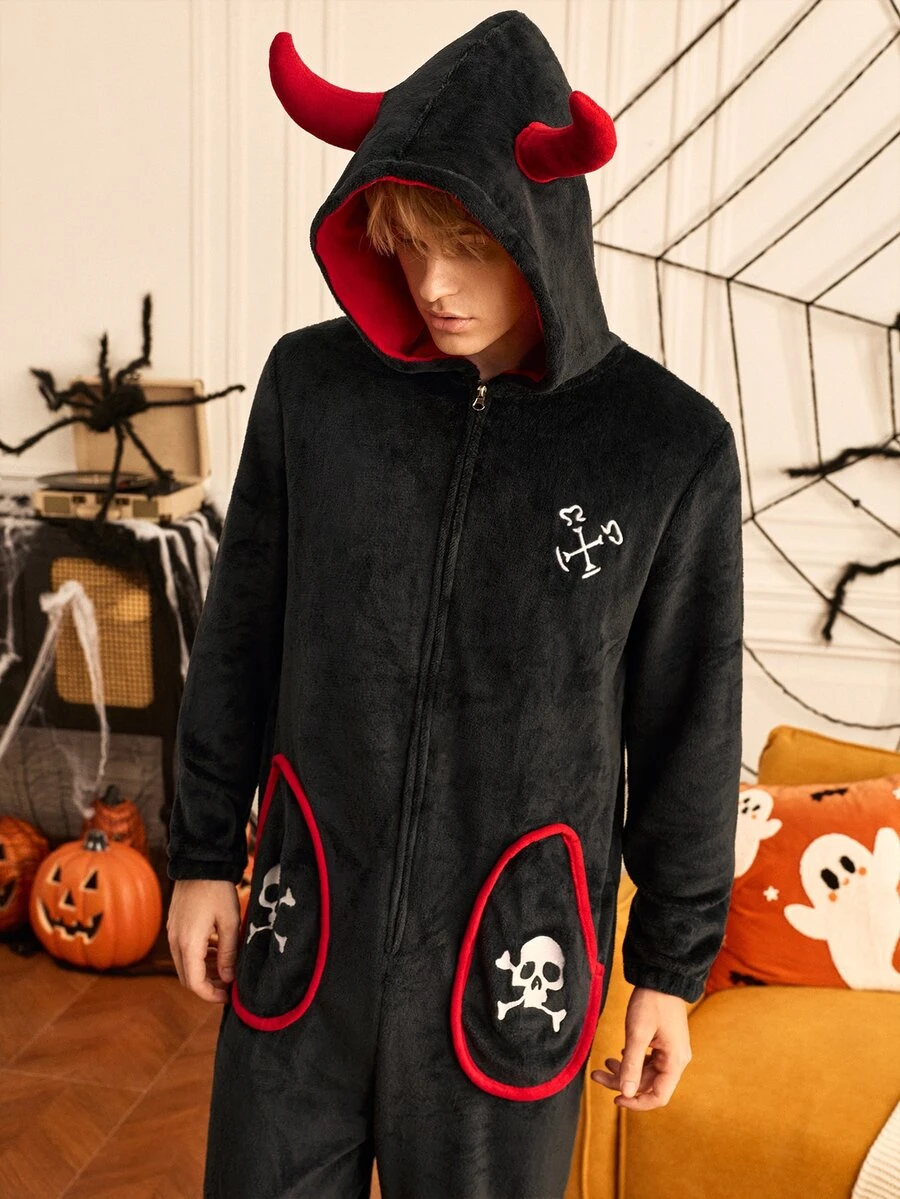 Provexi Provexi Men Skull Embroidery 3D Ears Design Hooded Flannel Sleep Jumpsuit - Multicolor - View 1