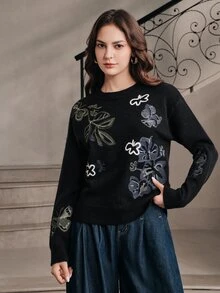Anewsta Women's Autumn/Winter Round Neck Knitted Sweater With Jacquard Design, Premium Feel Pullover - Black - View 6