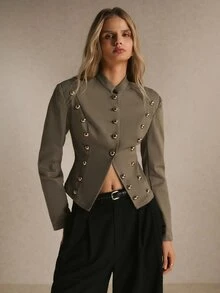 Poéselle Women's Autumn/Winter Studded Asymmetrical Hem Fitted Blazer - Mocha Brown - View 7