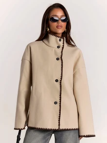 SHEIN BAE Women's Long Sleeve Contrast Trim Button Drop Shoulder High Neck Jacket - Khaki - View 4