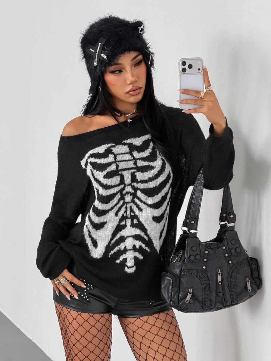 SHEIN ICON Women's Cold Shoulder Skull Pattern Fashion Sweater - Black - View 1