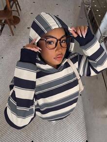 Muchica Women's Striped Pattern Hooded Drop Shoulder Sweatshirt, Casual Commute - Multicolor - View 3
