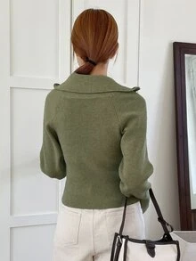 DAZY 素色拉鍊領商務休閒女款開襟衫 - 軍綠色 - 查看 2