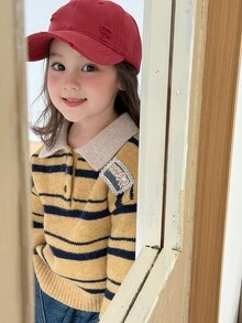DAZY Sweater Lengan Panjang Kasual Harian Motif Garis-Garis untuk Bayi Perempuan - Kuning - View 7