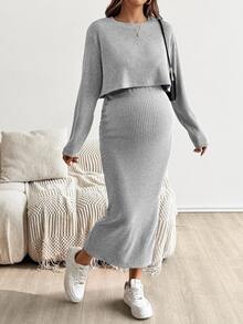 SHEIN 孕婦純色圓領短袖上衣與裙子兩件套 - 淺灰色 - 查看 4
