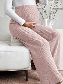 SHEIN 孕婦純色可調腰圍休閒日常長褲 - 藕粉色 - 查看 7