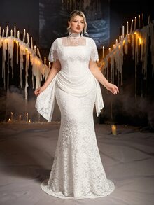 Aureia Plus Size Elegant Romantic Palace Style Beige Elastic Lace 2 Pieces Set Square Neck Slimming Ruched Design Mermaid Long Dress With Detachable Eyelash Lace Shawl, Suitable For Vacation, Ball, Evening Party, Wedding Event, Bridal Gown - White - View 1
