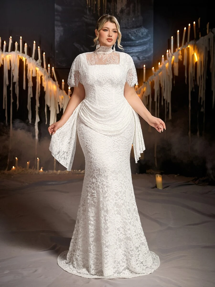 Aureia Plus Size Elegant Romantic Palace Style Beige Elastic Lace 2 Pieces Set Square Neck Slimming Ruched Design Mermaid Long Dress With Detachable Eyelash Lace Shawl, Suitable For Vacation, Ball, Evening Party, Wedding Event, Bridal Gown - White - View 1