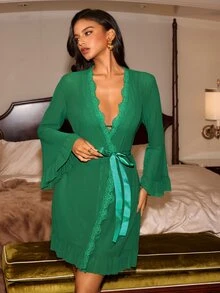 Slumberist Sexy Elegant Lace Camisole Dress + Mesh Patchwork Lace Trim Robe 2 Pieces Women's Sleepwear Set Wedding Guest Sleep Green Emerald Green - Green - View 8