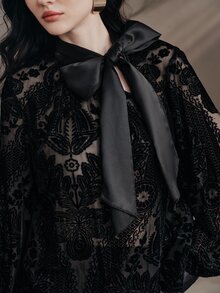 Anewsta Modern Retro Style Lantern Sleeve Random Floral Print Collar Silk Bow Design Fabric Women's Blouse - Black - View 1