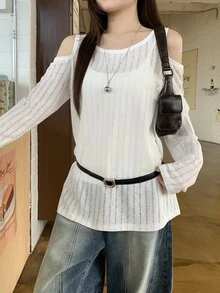 DAZY 女款鏤空露肩開衩休閒寬鬆版型T恤 Y2K - 白色 - 查看 3