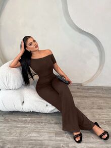SHEIN SXY 女款露肩短袖修身純色優雅連身褲 - 咖啡棕 - 查看 3