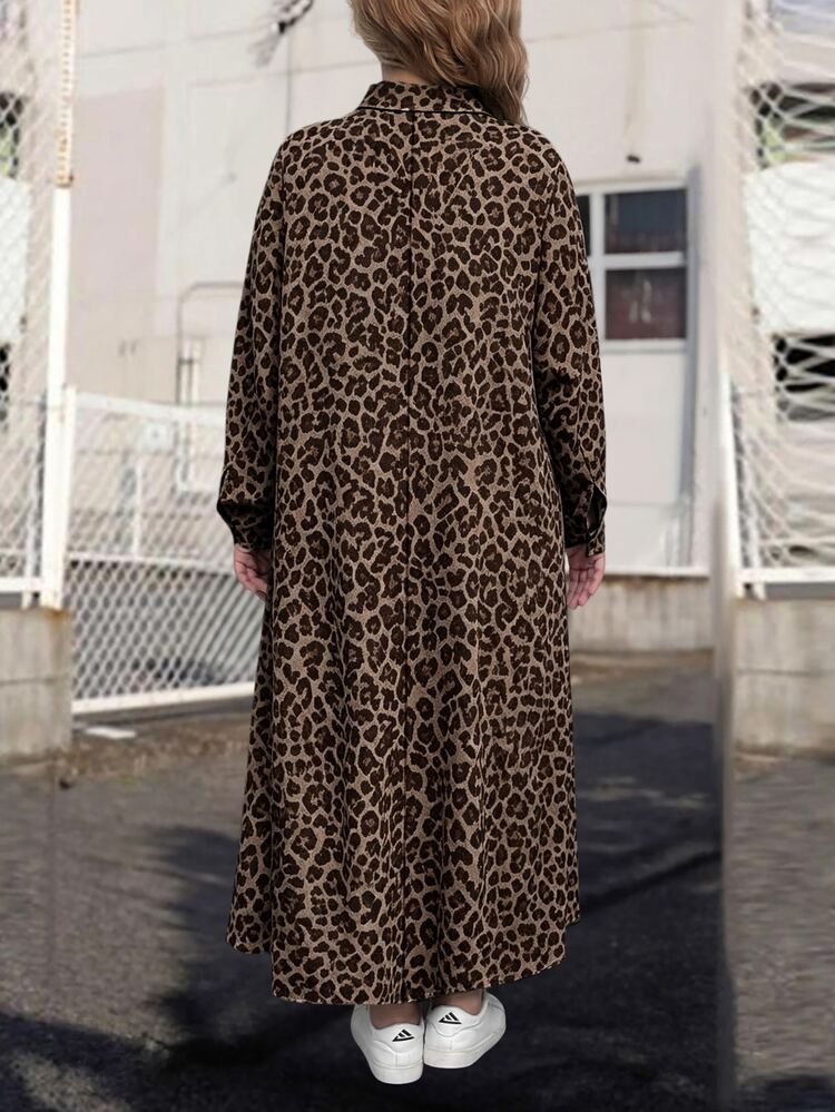 SHEIN LUNE Plus Size Casual 1920 Vintage Loose Leopard Print Collared Drop Shoulder Extra Long Dress Maxi Women Outfit Formal Vacation Beige Autumn - Brown - View 2