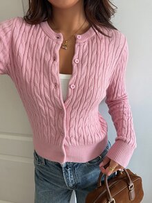 DAZY 女款粉色圓領麻花編織鈕扣修身短版甜美長袖開襟衫 - 粉色 - 查看 7