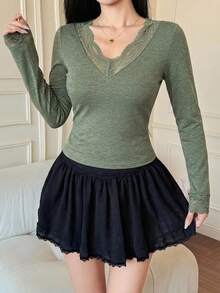 DAZY 春夏修身優雅蕾絲拼接情人節派對白色長袖女款T恤 - 綠色 - 查看 3