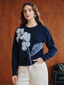 Anewsta Women's Knitted Pullover Jacquard Floral Embroidered Beaded Sweater Top - Navy Blue - View 3