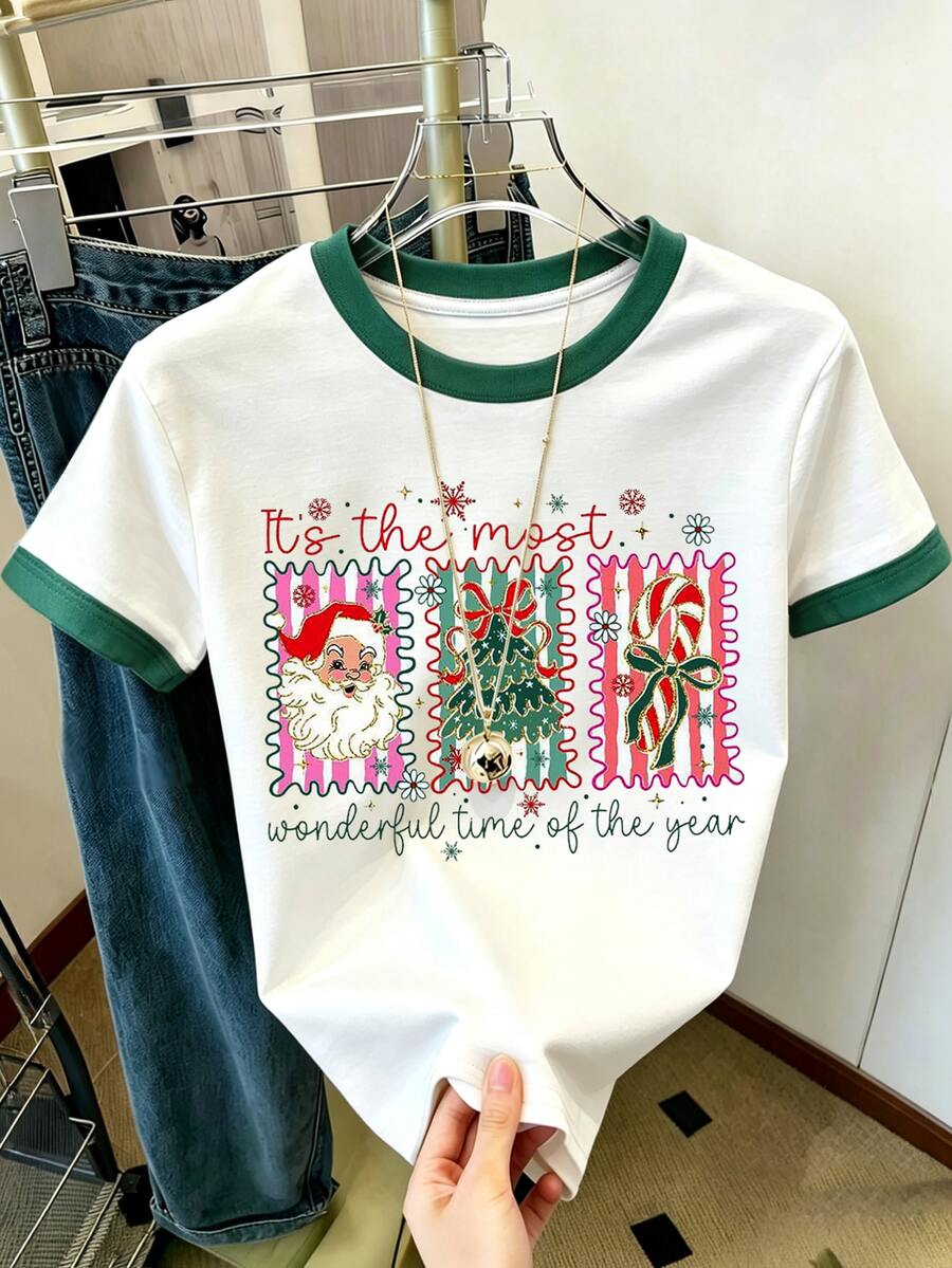 Resyla 女款圓領撞色聖誕主題印花時尚休閒T恤 - 白色 - 查看 1