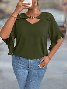 Velvienne Plus Size Hollow Neck Ruffle Sleeve Solid Color Blouse - Army Green - View 4