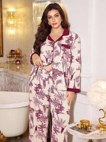 MuseNap CURVE Contrast Color Lapel Tropical Plant & Animal Print Plus Size Pajama Set - Burgundy - View 3