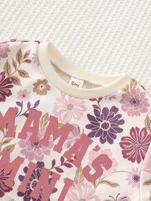 女嬰休閒極簡寬鬆加厚圓領運動衫，花卉圖案，鬆緊腰長版，適合秋冬 MAMA'MINI - 彩色 - 查看 3