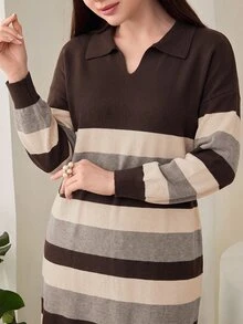Feyla Plus Size Women's Striped Collared Long Sleeve Casual Knit Dress - Multicolor - View 8