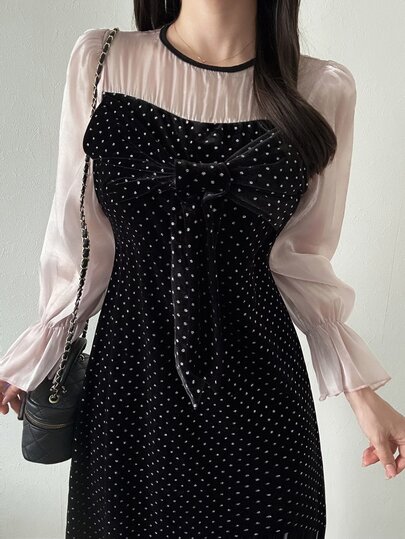 FRIFUL Women's Black And White Polka Dot Colorblock Casual Romantic Elegant Daily Date Autumn Dress