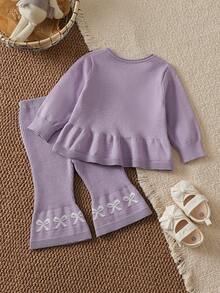 SHEIN طقم كنزة للبنات الرضع، كارديجان علوي محبوك برسومات أرنب كرتوني وفيونكة & تنورة محبوكة واسعة - ارجواني فاتح - مشاهدة 2