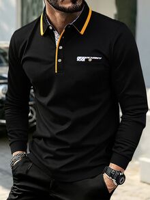 Calvornis 春秋男士長袖 Polo 領襯衫，休閒時尚日常穿著、通勤，適合秋季、正式場合，黑色長袖男士翻領春秋上衣，深色輕奢成熟裝飾輕商務休閒極簡百搭上衣 - 黑色 - 查看 4