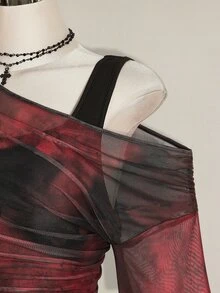 SHEIN ICON 女款大尺碼紮染圖案單肩長袖時尚上衣 - 酒紅色 - 查看 5