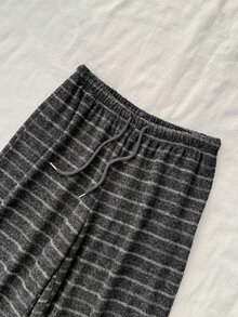 Attitoon Casual Minimalist Style Black & Grey Striped Knit Drawstring Sweatpants For Women, Suitable For Autumn/Winter - Multicolor - View 3