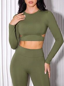 Slayform Slayform Women's Solid Color Long Sleeve Backless Top And Leggings Sports Set, Suitable For Running, Yoga - Army Green - View 3