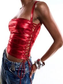 LYSMO Women's Sexy Satin Drawstring Tie Cropped Top - Red - View 5