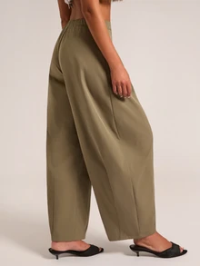 SHEIN BAE Women's Solid Color Versatile Casual Elastic Waist Curved Leg Tapered Long Pants - Army Green - View 6