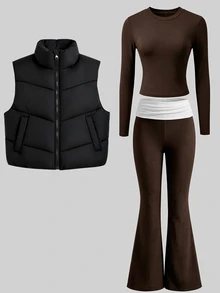 SHEIN 3Pcs/Set Tween Girls Casual Quilted Vest & Long Sleeve Slim Fit T-Shirt & V-Waist Pants Set, Fall, Fall Outfits - Brown - View 3