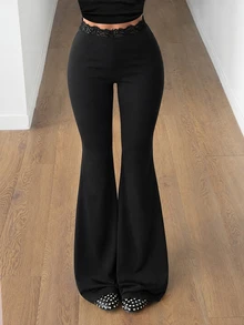 SHEIN 女童時尚蕾絲拼接極簡端莊黑色修身喇叭褲，休閒校園戶外春夏季秋季體操運動穿搭 - 黑色 - 查看 2