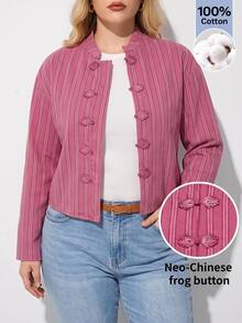 Maija Plus Size Women's Striped Button-Front Long Sleeve Casual Jacket - Pink - View 4