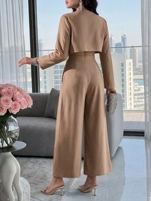 Feyla Setelan 2 Potong Wanita Polos Slim Fit Jumpsuit & Jaket Ultra Pendek Modis Minimalis - Coklat - View 2