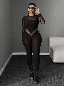Maweii Women's Plus Size Patchwork Fishnet Long Sleeve Sexy Jumpsuit - Black - View 5