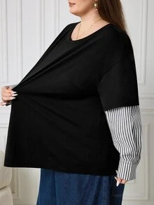 SHEIN CURVE+ Women's Plus Size New 2 In 1 Patchwork Round Neck Loose Long Sleeve T-Shirt, Autumn/Winter Fashion Casual Top, Suitable For 5XL-8XL Fall - Black - View 3